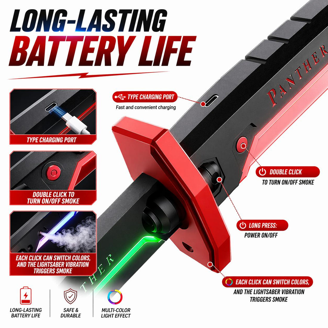 RGB Smoke Effect Katana Sword – Multi-Color LED Glowing Blade, USB Rechargeable | Anime Cosplay Toy